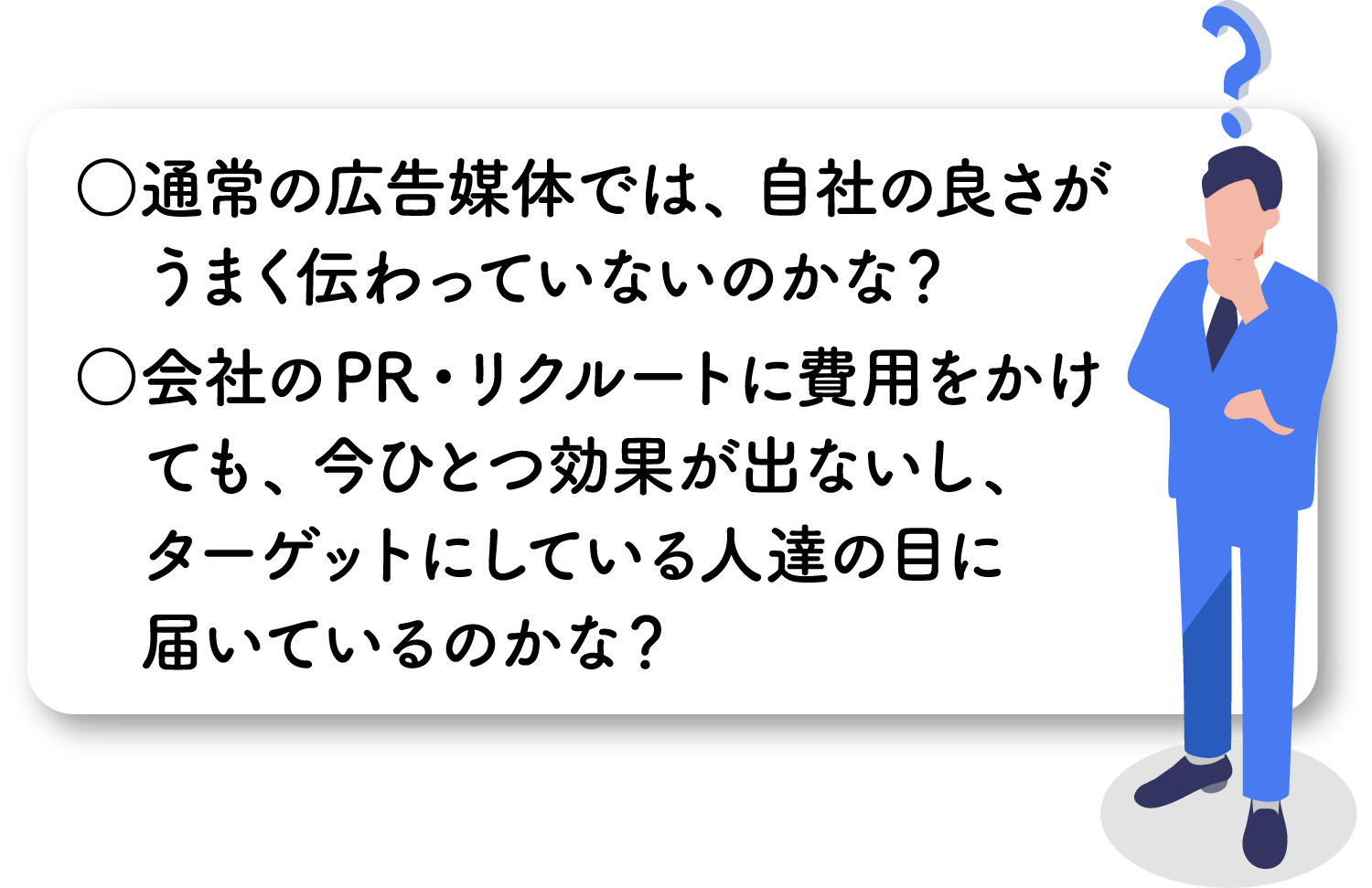 ◯通常の広告媒体では、自社の良さがうまく伝わっていないのかな？　◯会社のPR・リクルートに費用をかけても、今ひとつ効果が出ないし、ターゲットにしている人達の目に届いているのかな？